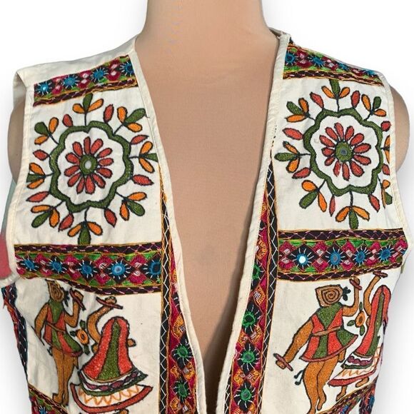 Vintage Vest Cream South American Ethnic Folk Art Embroidered Floral Open Front - Picture 5 of 12
